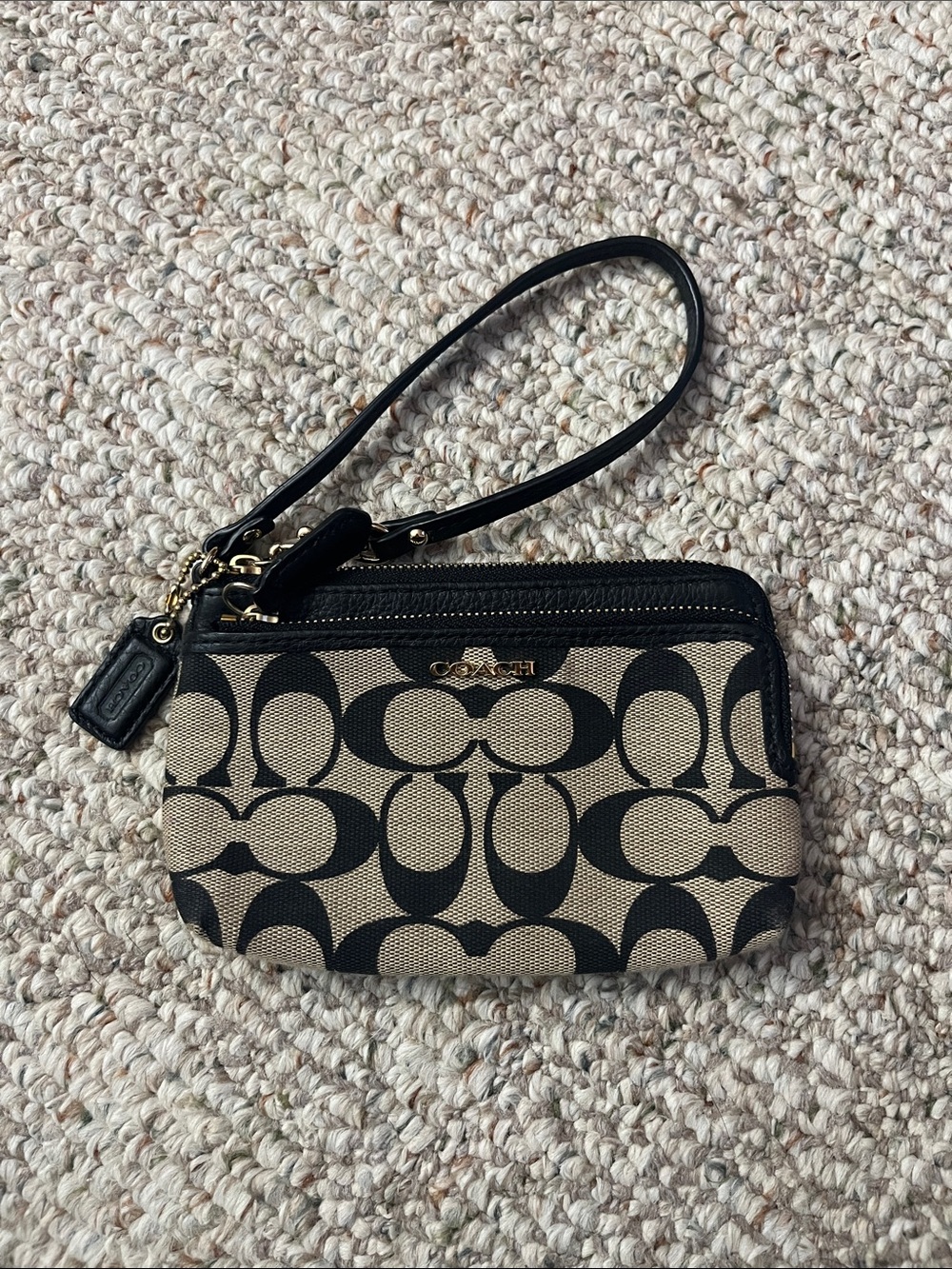 Coach Black and Khaki Signature Logo Wristlet